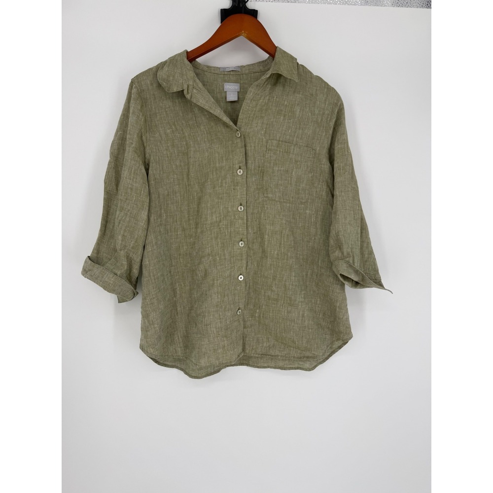 Chicos Womens Linen Button Down Shirt 12 14 2 Lagenlook Coastal Chic Boho - Picture 2 of 11